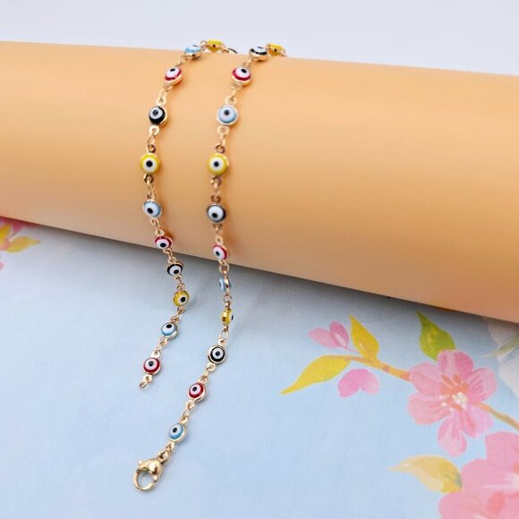 Colorful Evil Eye Rose Gold Necklace, 18 Inch, Gold Plated Brass, XPNL0102 - Picture 6 of 12